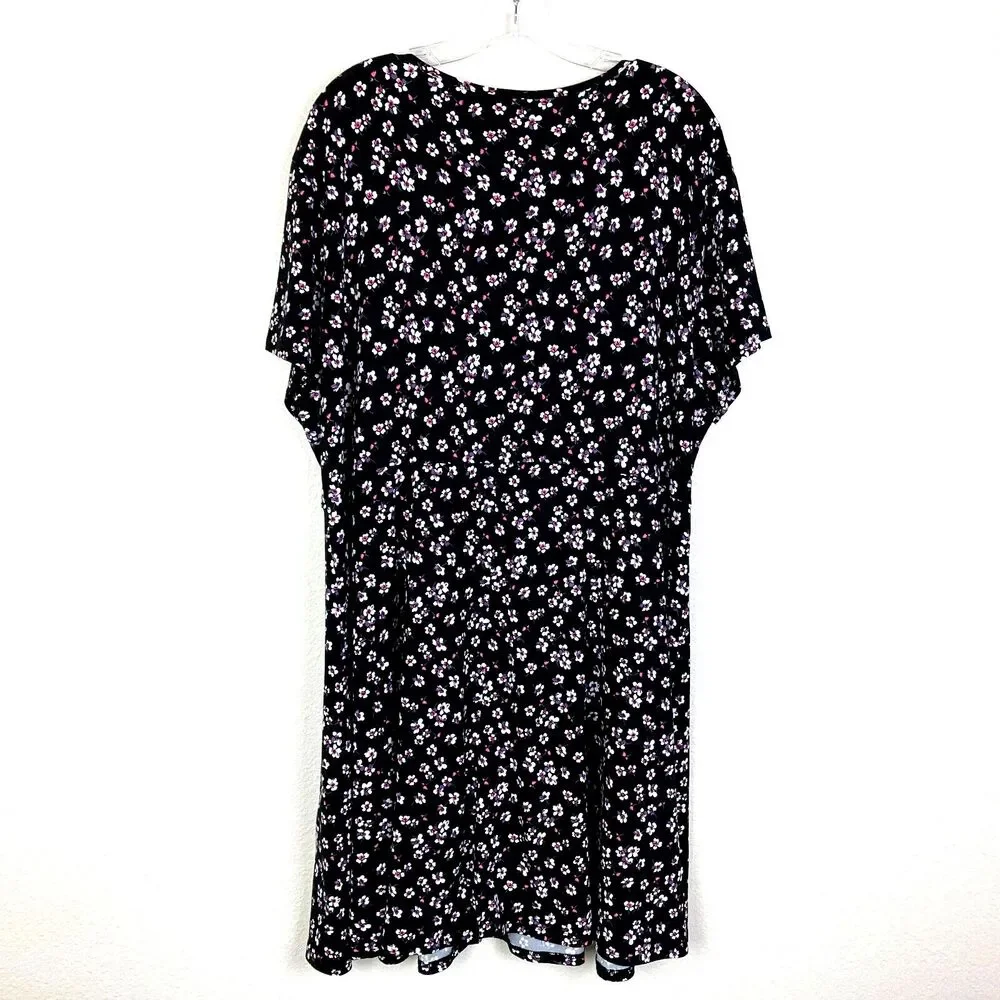 Joe Boxer Women’s Faux Wrap Dress Size 3X Black Pink Floral Knee/Short Soft Knit